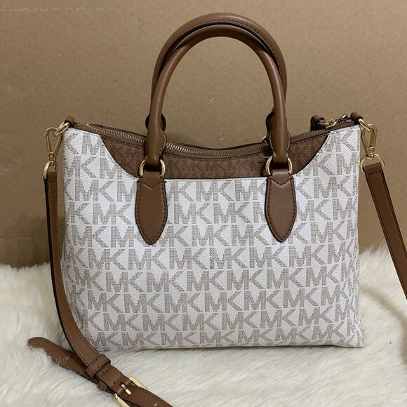 MICHAEL KORS AUSTEN Vanilla & Acorn Brown Leather Logo Satchel with XBody Strap - Picture 6 of 16